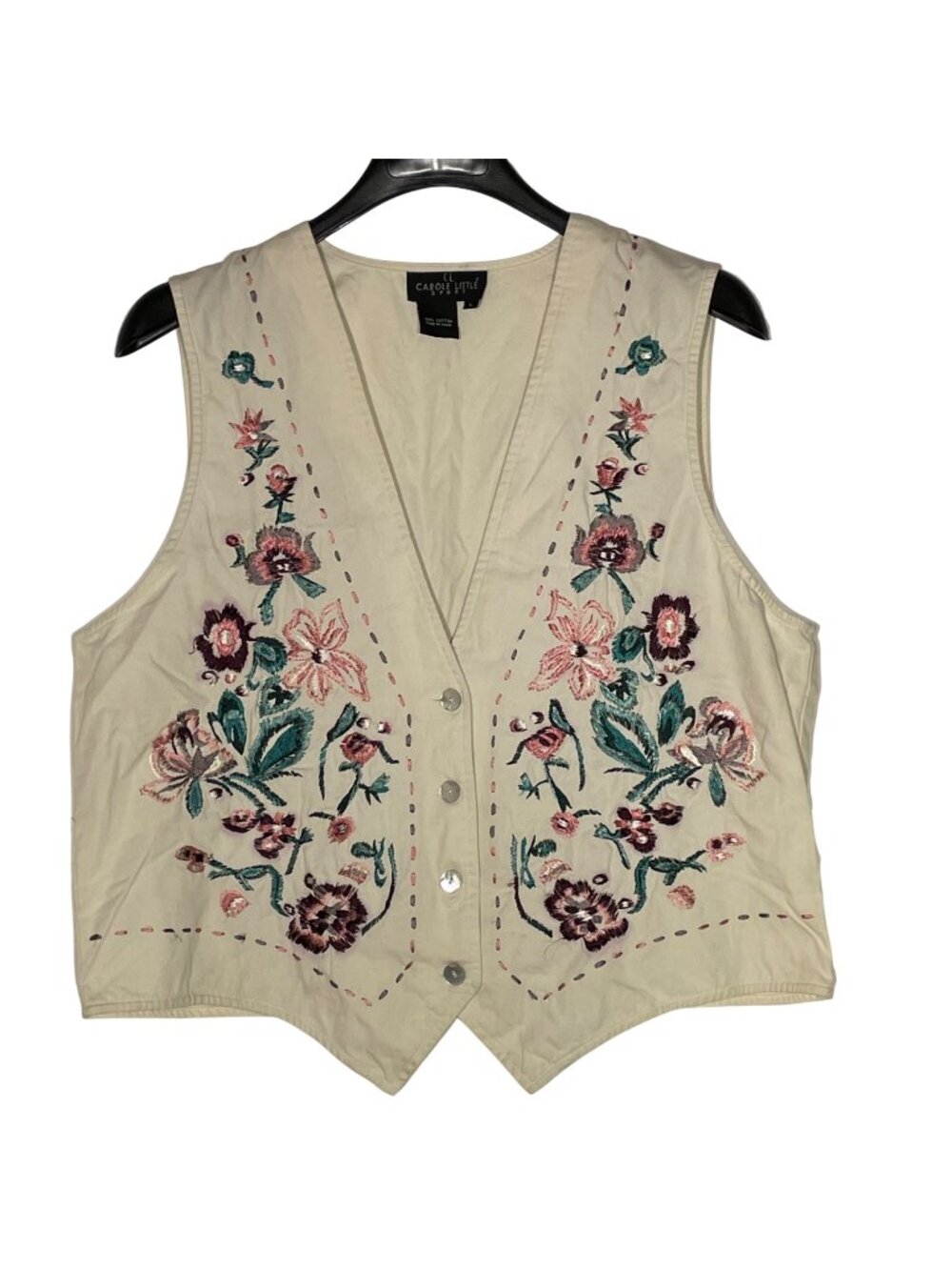 Carol Little Vintage Y2K Floral Embroidered Vest Sz LG Country Cottage 90s